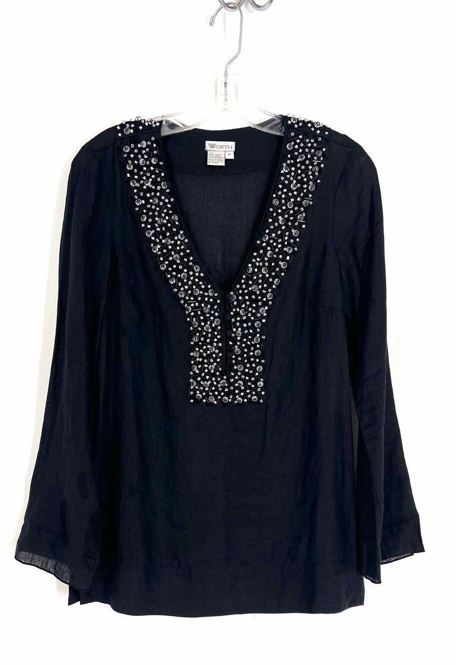 Worth Size S Pet Black/Silver Beaded Linen Designer Top-Long Sleeve